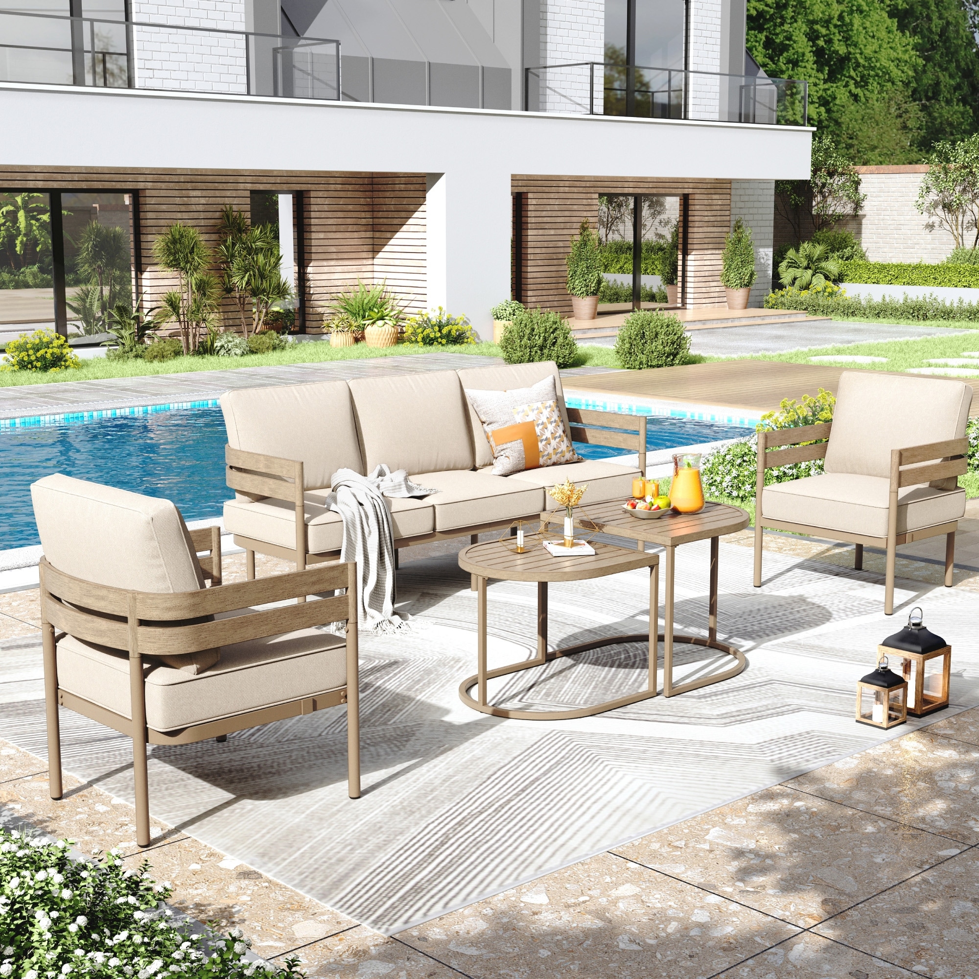 MAISON ARTS 5 Seats Patio Conversation Set Curved Metal Wood-Like Sofa Set