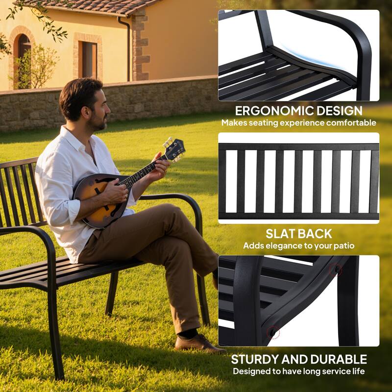Outsunny 50" Slatted Steel Outdoor Decorative Patio Lawn Garden Park Bench with Durable Rust-Fighting Material