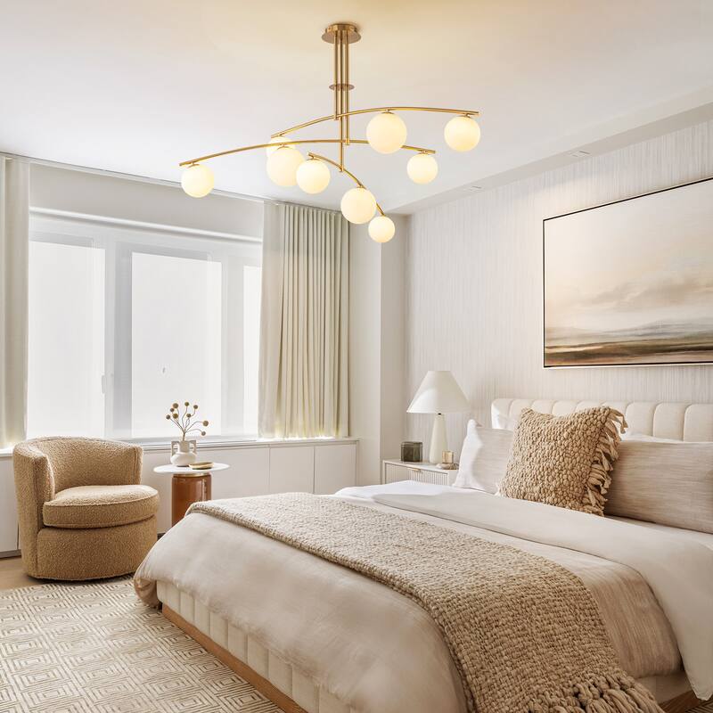 Modern Brass Sputnik Linear Opal Frosted Glass Globe Semi-Flush Mount Light