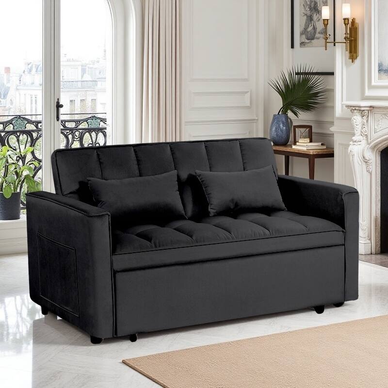 54” Velvet Pull-out Sleeper Sofa Bed,with 3 Adjusting Reclining Back & Storage - Solid Wood Frame,Twin Size-54” x 35.5” x 30”H