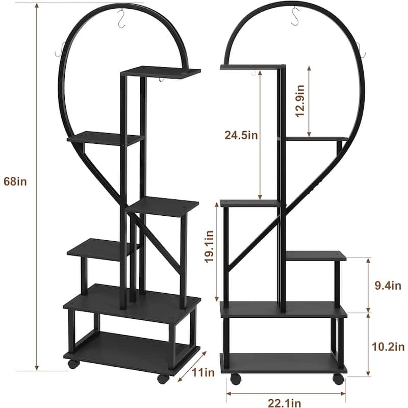6 Tier Tall Plant Stand Metal Indoor Plant Stand with Detachable Wheels Half Heart Shape Plant Stands