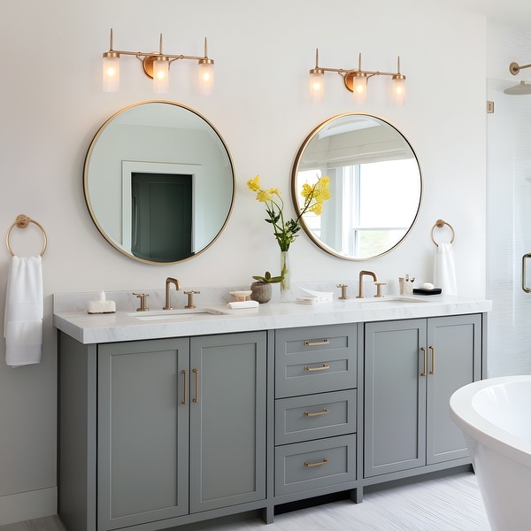 Mid Century Modern 3 Light Gold Bathroom Vanity Lights Cylinder Frosted Glass Wall Sconces 22 L x 5 W x 11 H Bed Bath Beyond 35450957