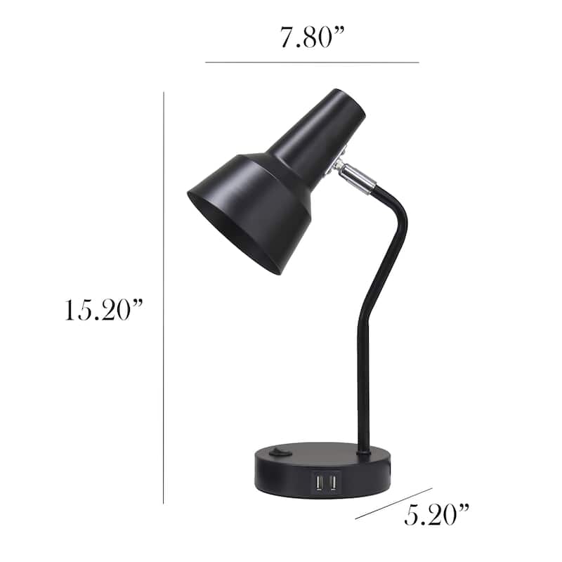 Modern Metal Gooseneck Desk Lamp with Dual USB Charging Ports Adjustable Arm Multiple Colors - 7.8" (L) x 5.2" (W) x 15.2" (H)