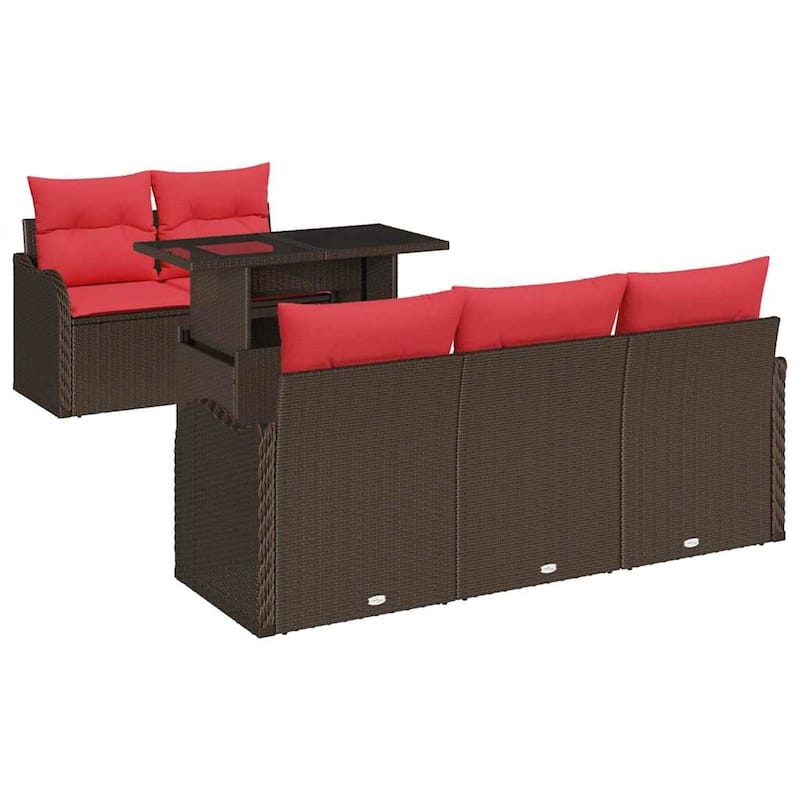 vidaXL 6 Garden Sofa Set with Cushions Black/Brown/Grey Poly Rattan - 69.3 x 24.4 x 27.2