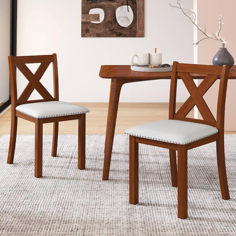 Beige Linen Upholstered Dining Chairs Set of 2 with Acacia Wood Legs Padded Seats and Curved Backrest - 17.5" x 21" x 36"