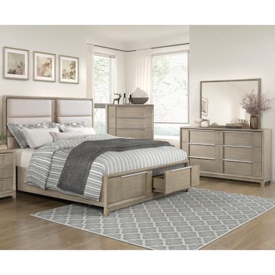 Modern 4pc Storage Bedroom Furniture Bed Dresser Mirror Chest Set Light Gray Finish