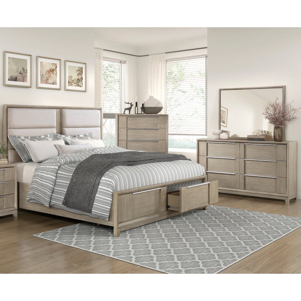 Modern 4pc Storage Bedroom Furniture Bed Dresser Mirror Chest Set Light Gray Finish