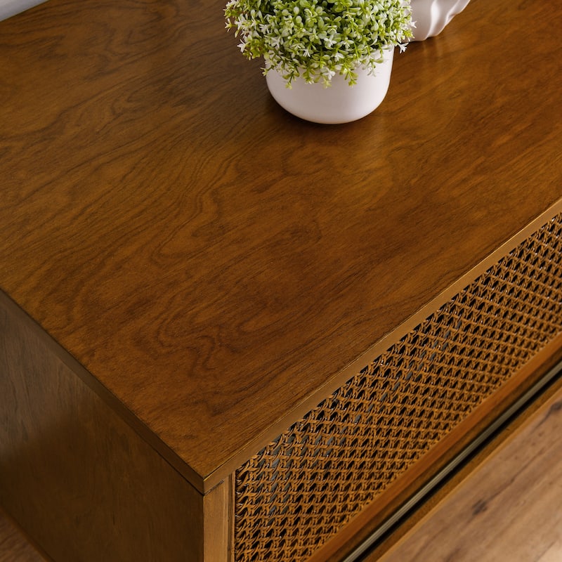 Brown Ebony 59" TV Stand with Open Shelves & Rattan Doors for TVs Up to 65"