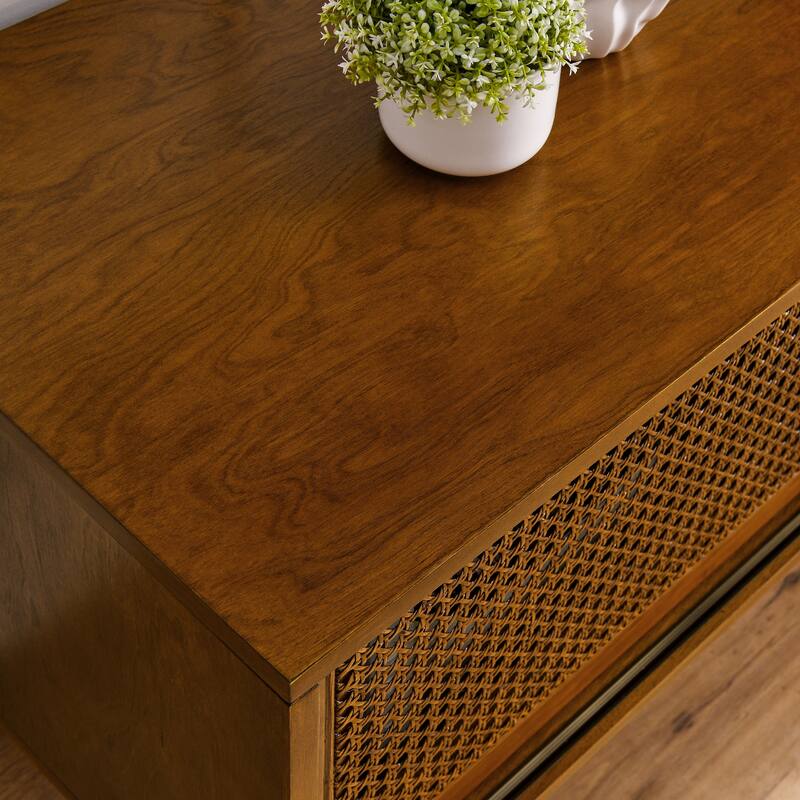 Mid-Century Modern Rattan TV Stand, for 65 Inch TV with Rattan Cabinet Doors and Solid Wood Feet, for Living Room