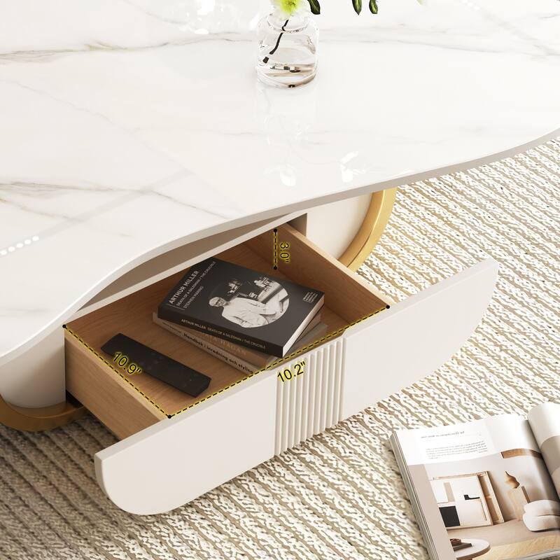 Butterfly Coffee Table With Sintered Stone Top-Oval Center Table With Storage Shelf & Drawer,Stainless Steel Base & Mdf Cabinet