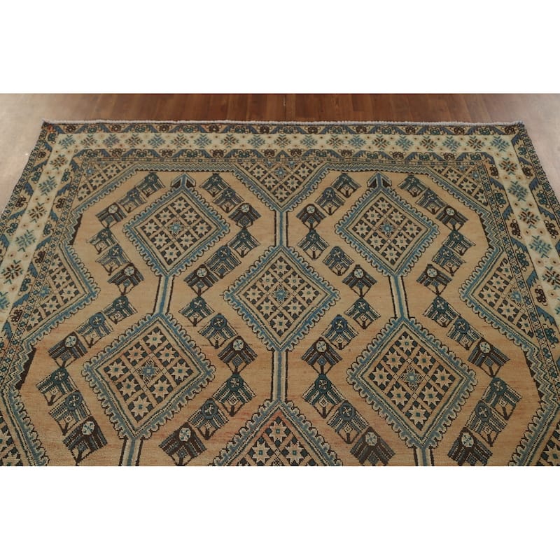 Geometric Bakhtiari Persian Vintage Rug Handmade Orange Wool Carpet - 6'8"x 9'5"