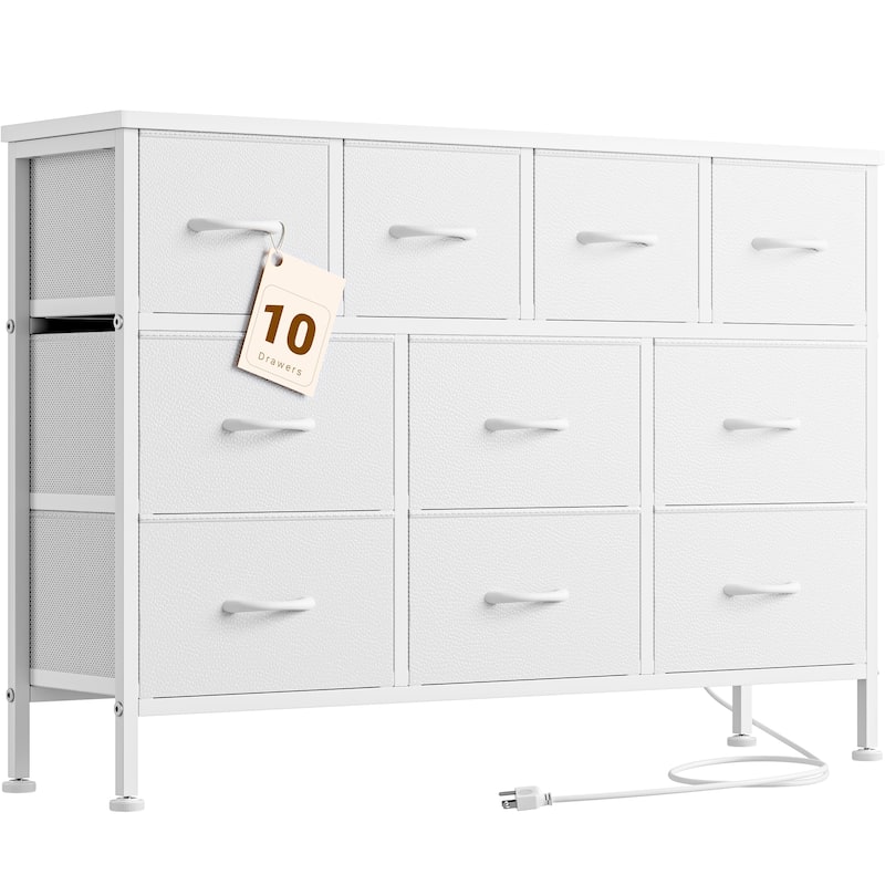 10 Drawer Dresser Fabric 43.3" TV Stand Power Outlet Chest of Drawers