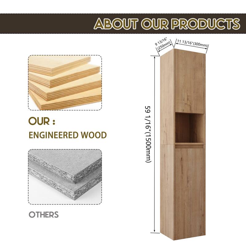 12" Wall-Mounted Bathroom Side Cabinet, Soft Close Doors, Floating Design, Imitative Oak Finish