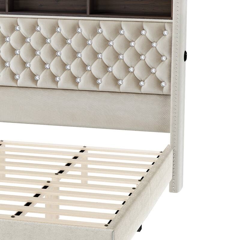 Moasis King Size Velvet Upholstered Bed Frame with Storage Headboard with USB Charging Stations