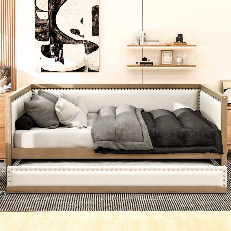 Full Size Upholstered Daybed with Trundle and Nailhead Decoration, No Box Spring Required, Suitable for living room, bedroom