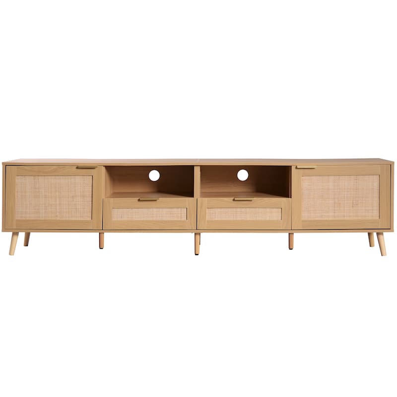 Rattan TV Stand for 85" TVs, Media Console with Solid Wood Legs, Spacious Storage, Cable Management