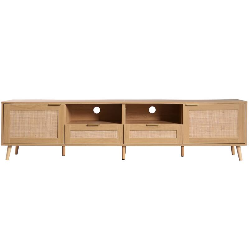 Rattan TV Stand for TVs up to 85", Boho Entertainment Center with 2 Storage, Solid Wood Feet, Vintage Console Table