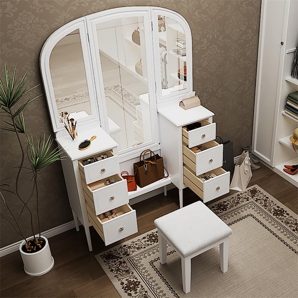 Makeup Vanity Desk with Triple Mirror, 6-Drawers and Stool
