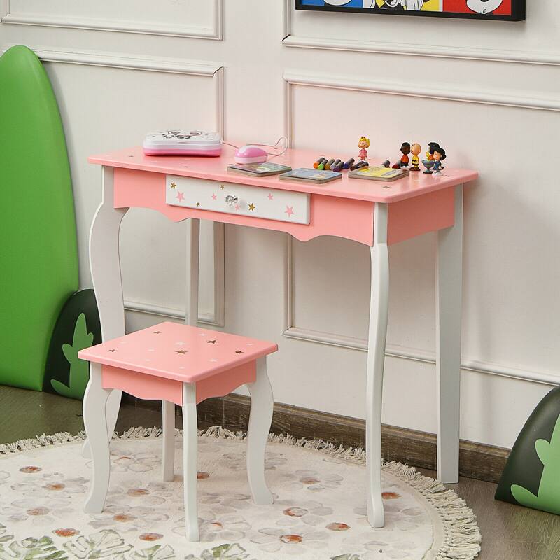Gymax Kids Vanity Princess Makeup Dressing Table Chair Set W/ - See Details