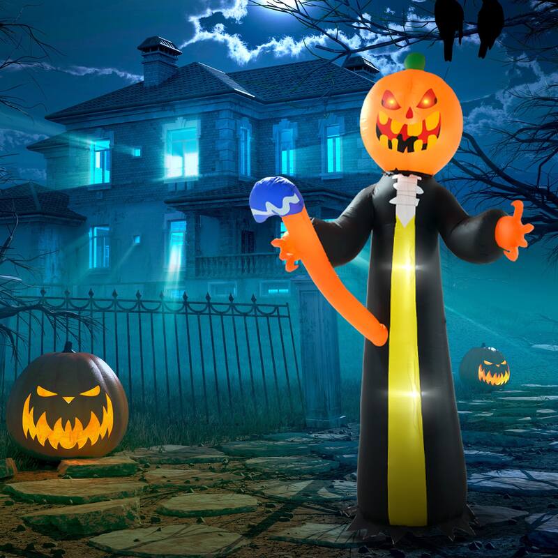 10ft Inflatable Halloween Pumpkin Head Ghost with Hammer Blow Up Outdoor LED Yard Display Waterproof