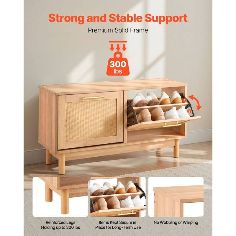 Flip Top Shoe Storage Bench Cabinet with Rattan Accent with Seating for Entryway or Hallway - 39.4” x 11.8” x 20.9”