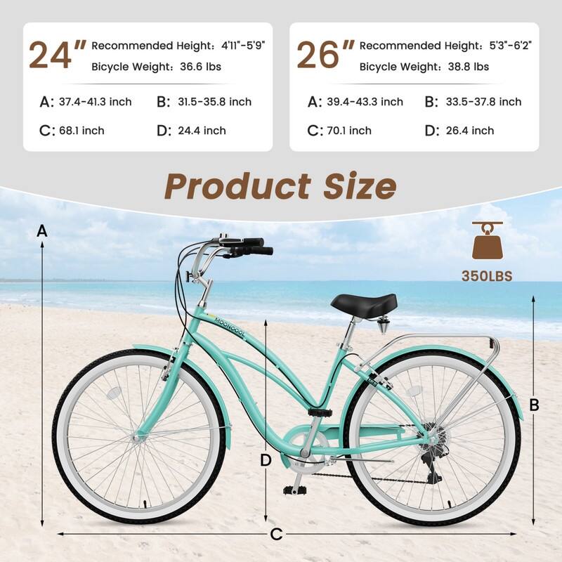 Beach Cruiser Bike for Women and Men, 24/26 Inch 7-Speed Adult Bicycle