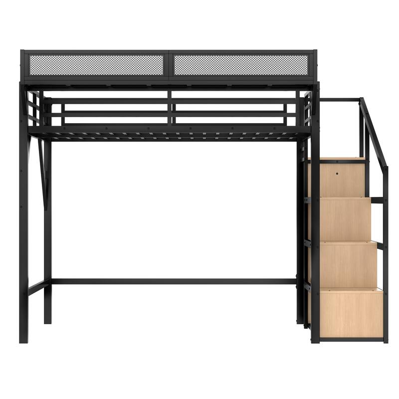 Noise-reduced Design Loft Bed for Teens, Adults with Built-in Wardrobe, Storage Stairs, Shelves, Charging Station and LED Lights