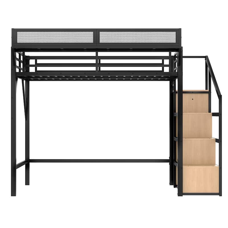 Queen Loft Bed with Storage Stairs, Shelves and Built-in Wardrobe, Metal Loft Bed Frame with USB Ports and LED Lights