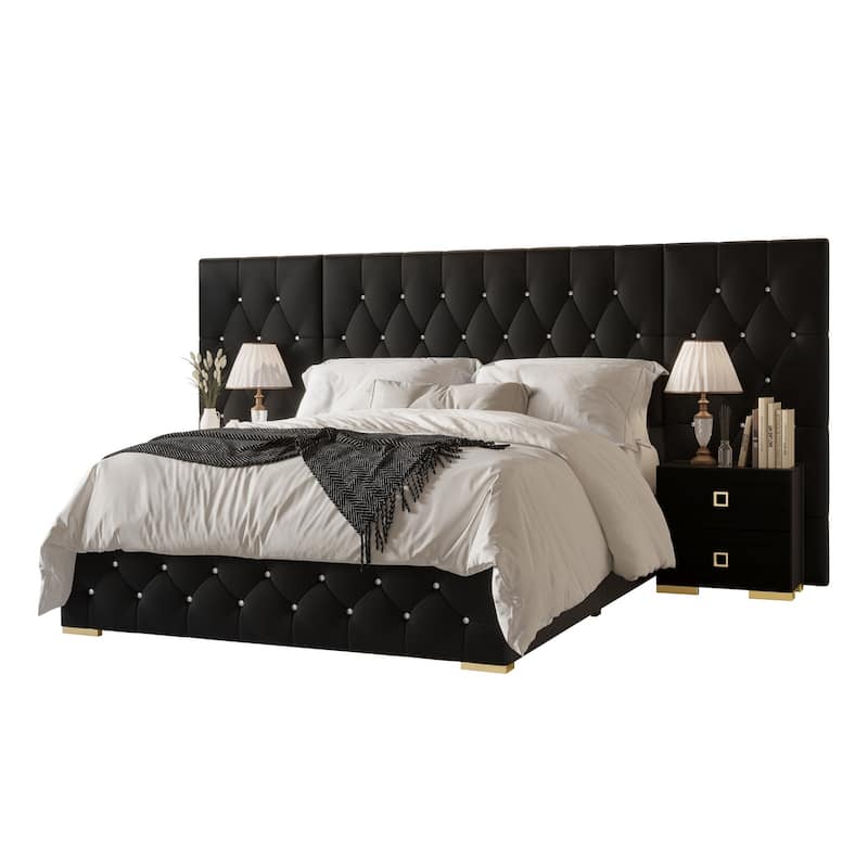 CraftPorch Luxurious Velvet Tufted Platform Bed with Wall Panels