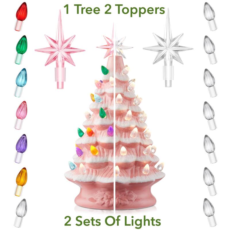 12in Hand Painted Ceramic Christmas Tree PreLit Tree with Star