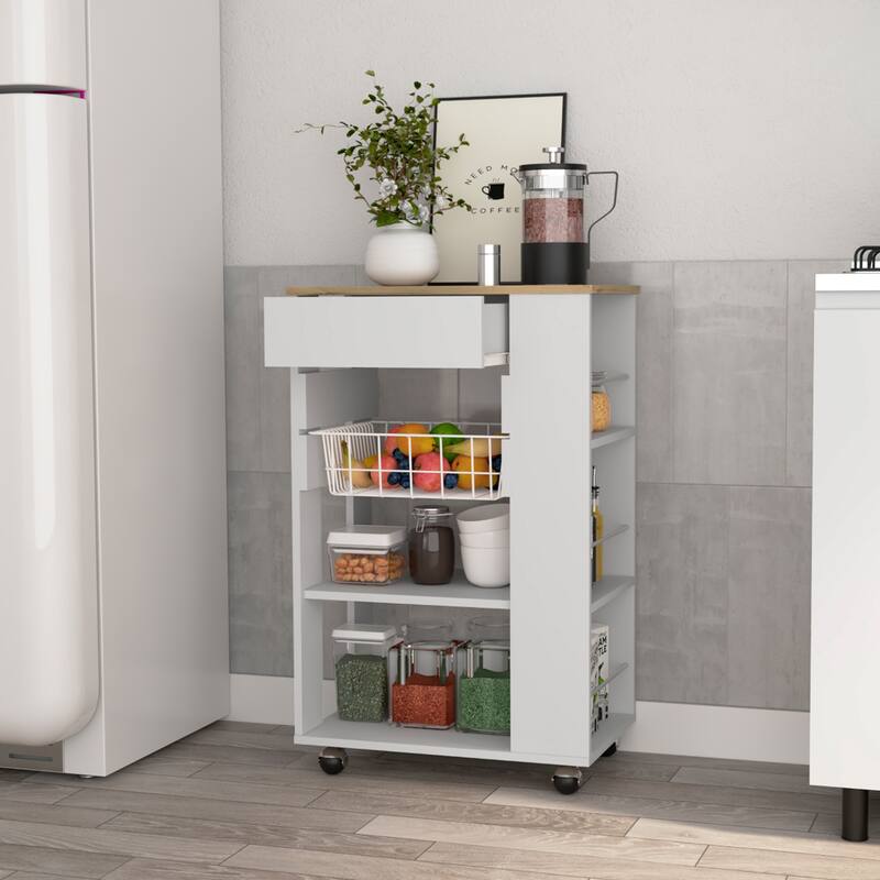 Blosson Kitchen Cart,One Drawer,Two Open Shelves,Four Casters,Kitchen Storage Cabinet for Dining Room