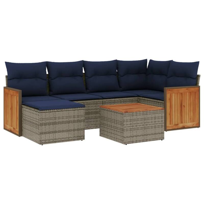 vidaXL 7 Piece Patio Sofa Set with Cushions Gray Poly Rattan - 114.3x27.2x69.3