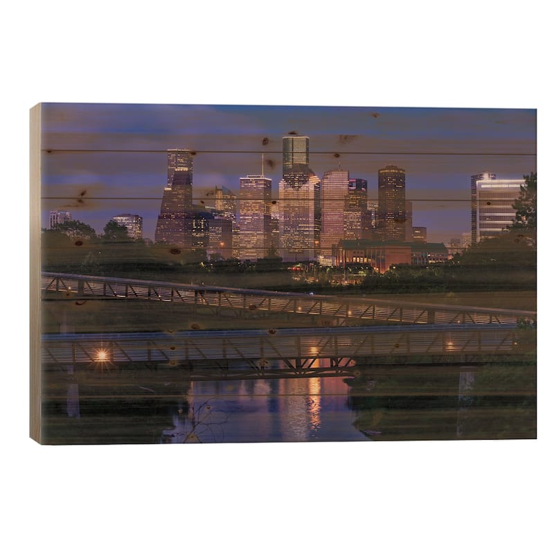 Elevated Walkway Over Buffalo Bayou At Night With Downtown Skyline, Houston, Texas, USA Print On Wood by Panoramic Images - 18x26x1.5