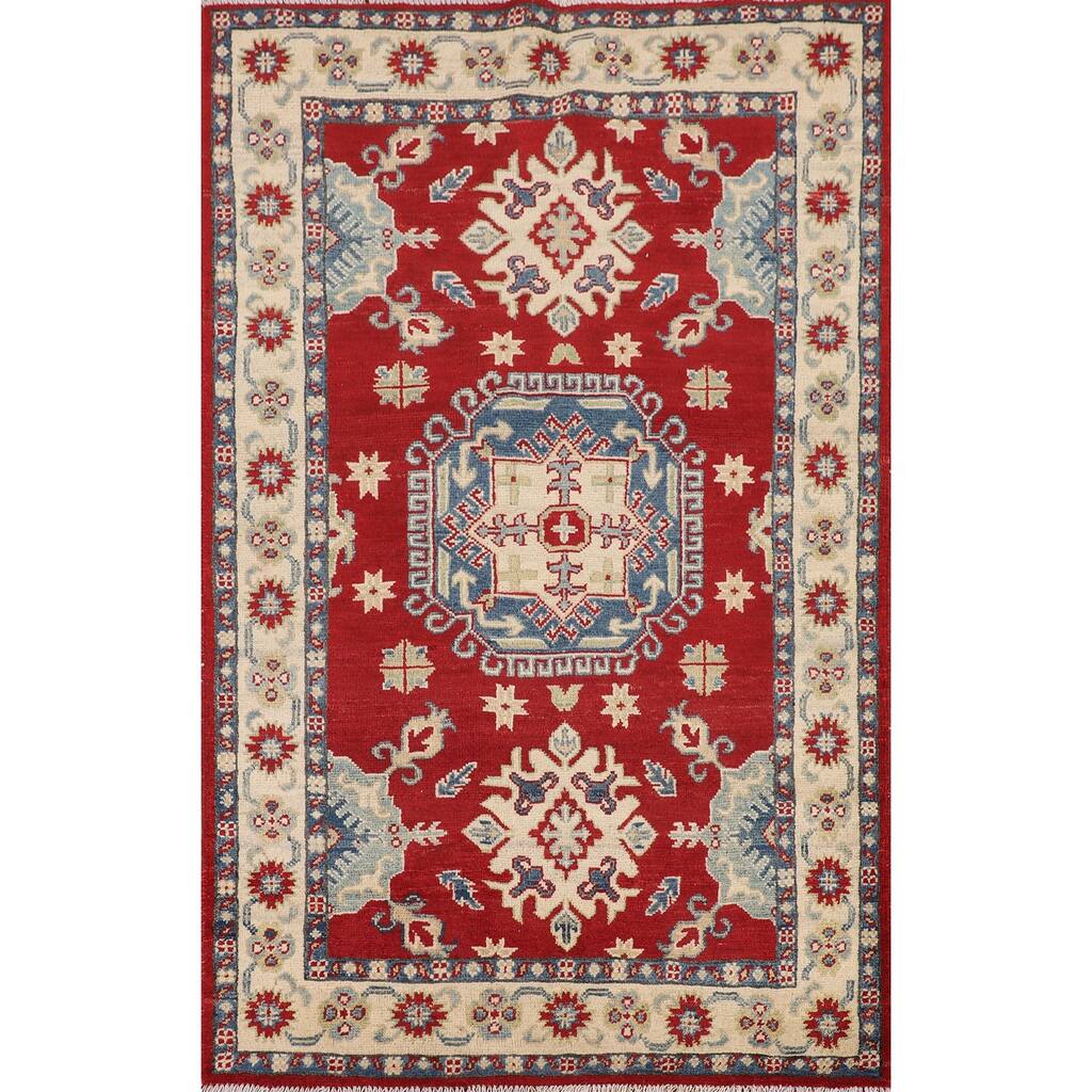 Traditional Red Kazak Foyer Rug Hand-Knotted Foyer Wool Carpet - 3'2" x 5'3"