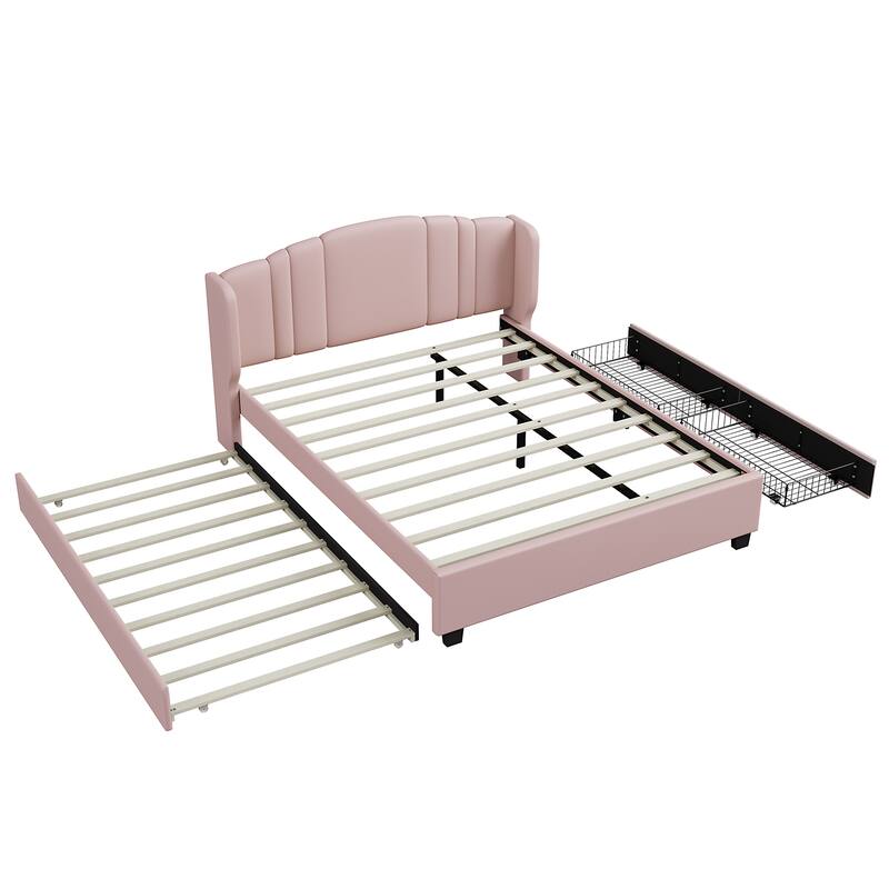 Contemporary Linen Upholstered Platform Bed, Queen Size, Includes Trundle Bed and Drawers, Wingback Headboard