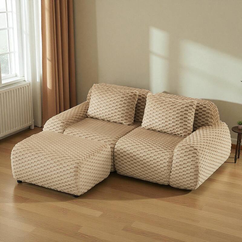 82" Modern L-Shaped Modular Sectional Sofa, Flannelette Fabric Oversized 2-Seater with Movable Ottoman & No-Assembly Design - Light Camel