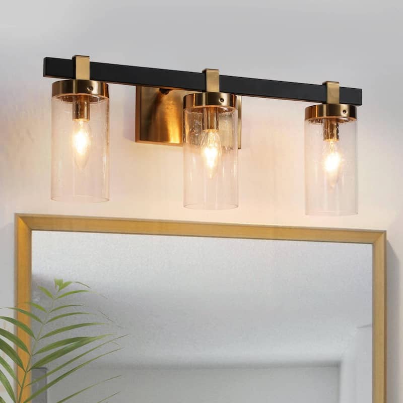 Modern Elegant 3-Light Black Gold Bathroom Vanity Light Dimmable Glass Wall Sconces - 3-Light - Seeded
