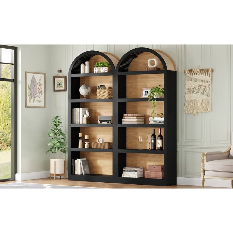 Freestanding Tall Bookshelves Set of 2, Farmhouse Two-Tone Open Storage Cabinet with Fabric Arched Top, 5-Tier Display Bookcase