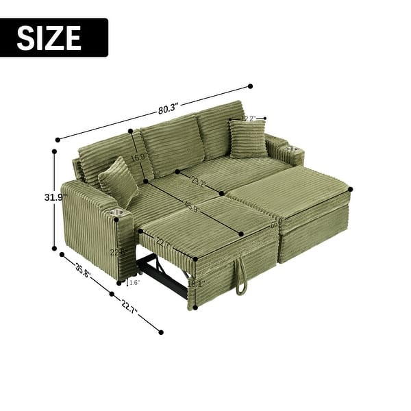 dimension image slide 0 of 6, 80.3" L Shaped Couch with Pull Out Bed Corduroy Sleeper Sofa Bed Convertible Sectional Couches with Cup Holder for Living Room