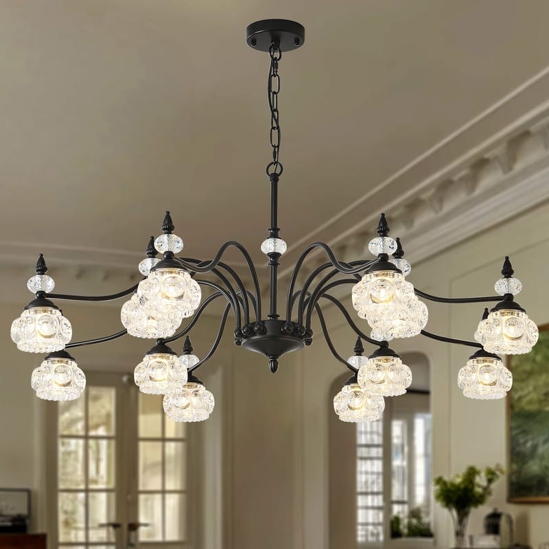 Farmhouse Black Glass Chandelier Modern French Country Pendant Light - 40.94x40.94x94.59in - Black