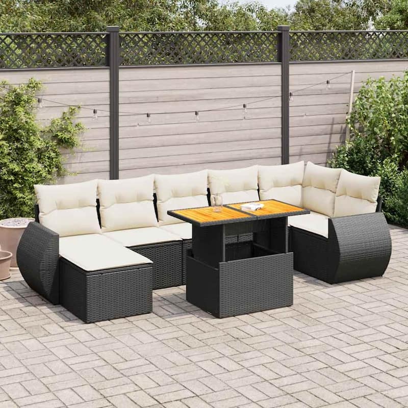 vidaXL Patio Sofa Set with Cushions Outdoor Sofa Sections 8 Piece Poly Rattan - 21.7 x 39.4 x 28.7 - Black and cream
