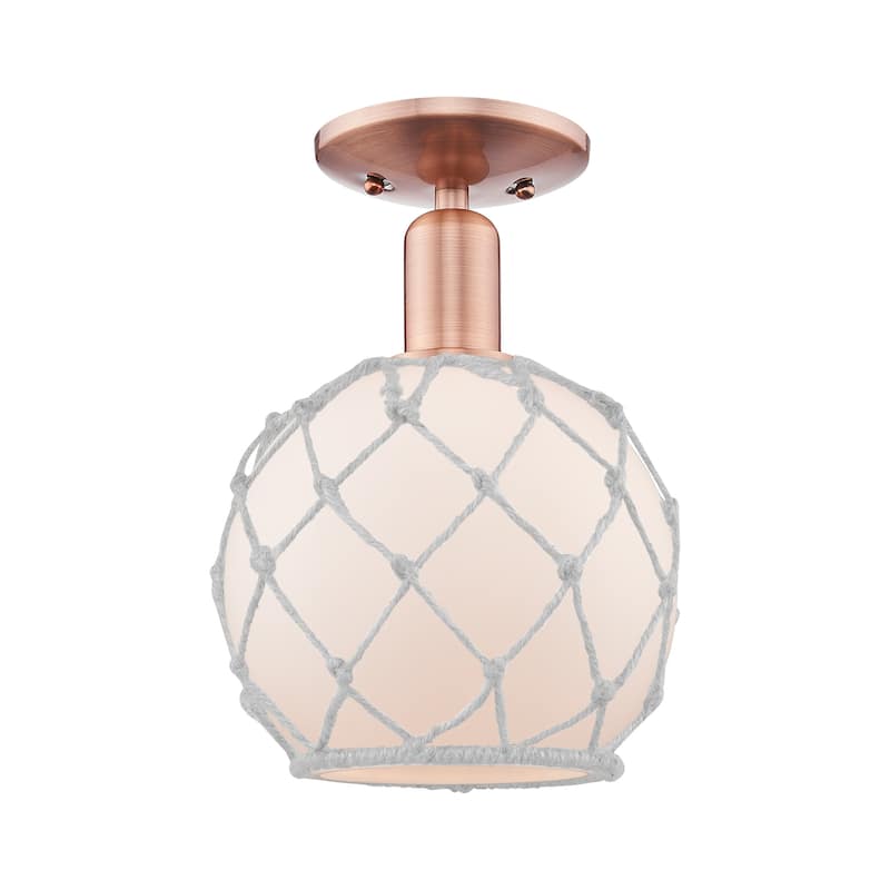 Innovations Lighting 716-1C-12-8 Farmhouse Rope Semi-Flush Farmhouse - Antique Copper / White Glass with White Rope