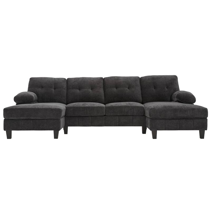 U-shaped Sectional Sofa, Chenille Fabric, Dual Chaise Lounges, Storage Pockets, Armrest Pillows, Black