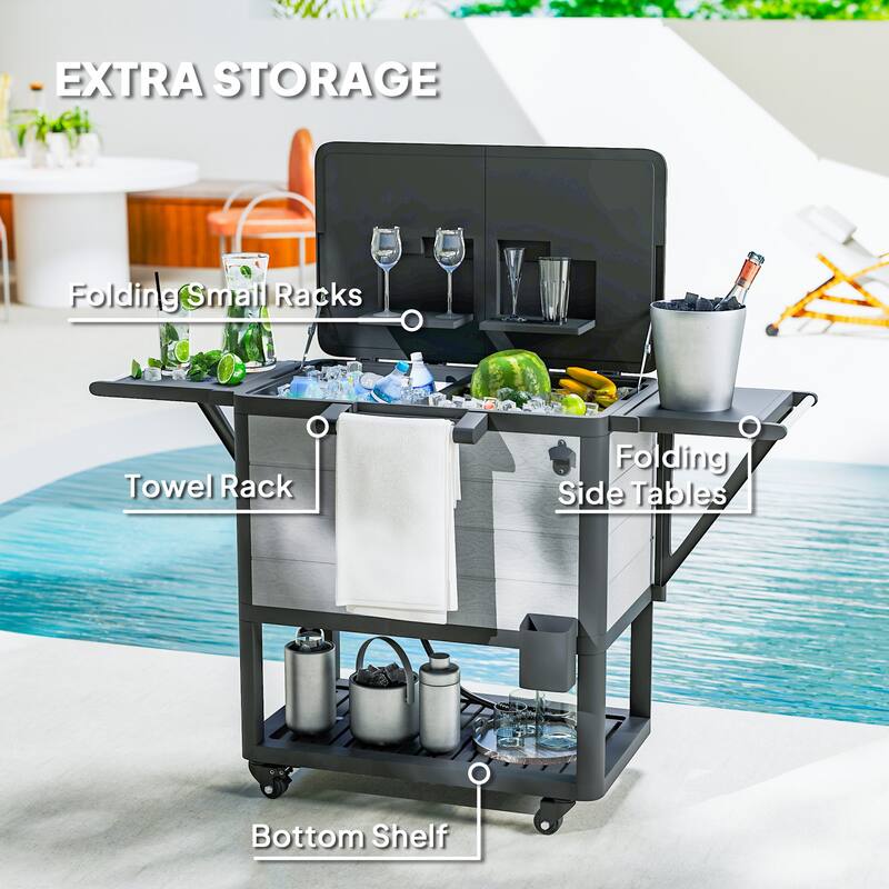 Patio Cooler Cart with Swivel Casters, Folding Lid, Bottle Opener, Towel Rack, Foldable Side Tables - 37" L x 22" W x 33.9" H