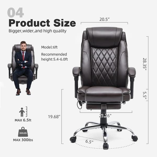 dimension image slide 9 of 11, EROMMY Heated Massage Executive Office Chair, PU Leather with Retractable Footrest