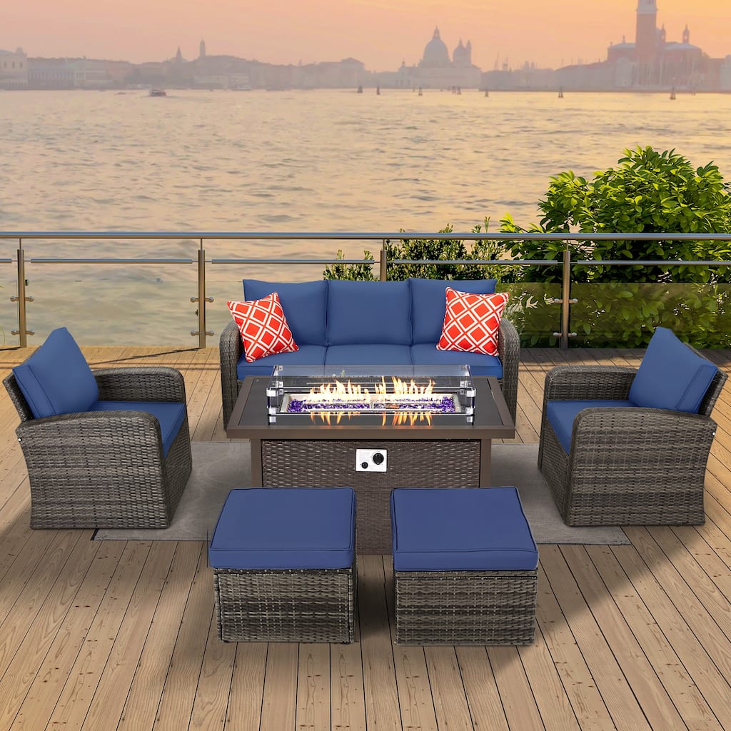 6-Piece Rattan Patio Set with Fire Pit Table, Outdoor Conversation Set with Cushions, Weather-Resistant Sofa Sectional
