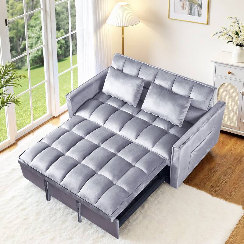 3-in-1 Convertible Sleeper Loveseat Pull Out Twin Size Suede Sofa Bed with 2 Pillows & Pocket - Light Gray