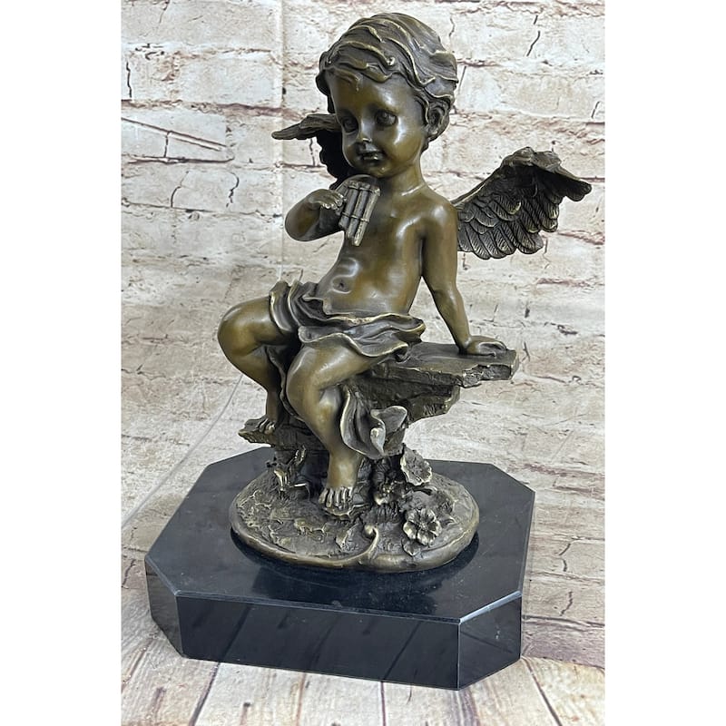 Cherub Angel Playing Pan Flute Hand Made Bronze Sculpture Home Decor
