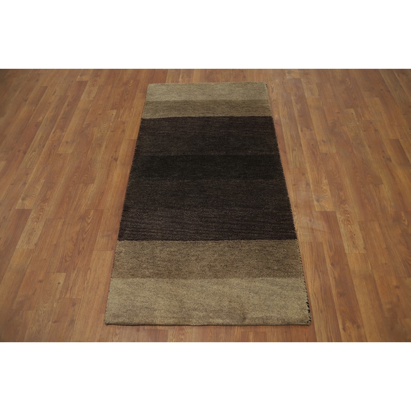 Hand Knotted Oriental 100% Wool Carpet Modern Stripe Brown Gabbeh Runner Rug - 4' 8'' X 2' 5''