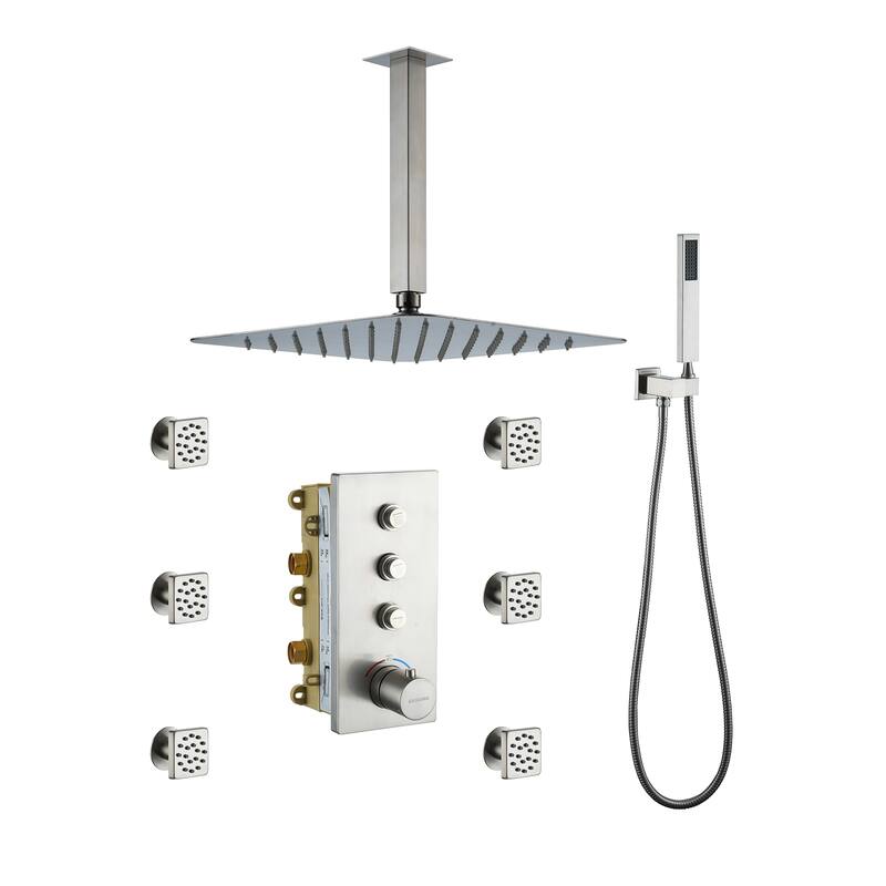 Luxury Thermostatic Shower System 1-Spray Patterns Ceiling Mount Fixed Shower Head and Handheld Spray with 6 Body Jets
